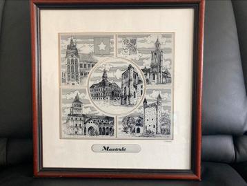 MAASTRICHT: Ingelijste stadsgezicht-tekening van Maastricht. beschikbaar voor biedingen