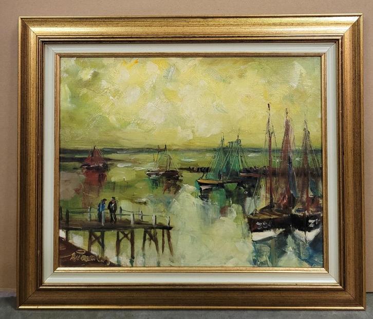 Victor QUIÉNEN, havengezicht in Zeebrugge, Antiek en Kunst, Kunst | Schilderijen | Klassiek, Ophalen of Verzenden