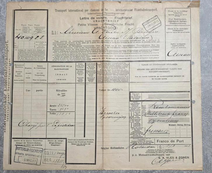 1913+Aiseau N1+Lettre de voiture, Collections, Trains & Trams, Utilisé, Train, Enlèvement