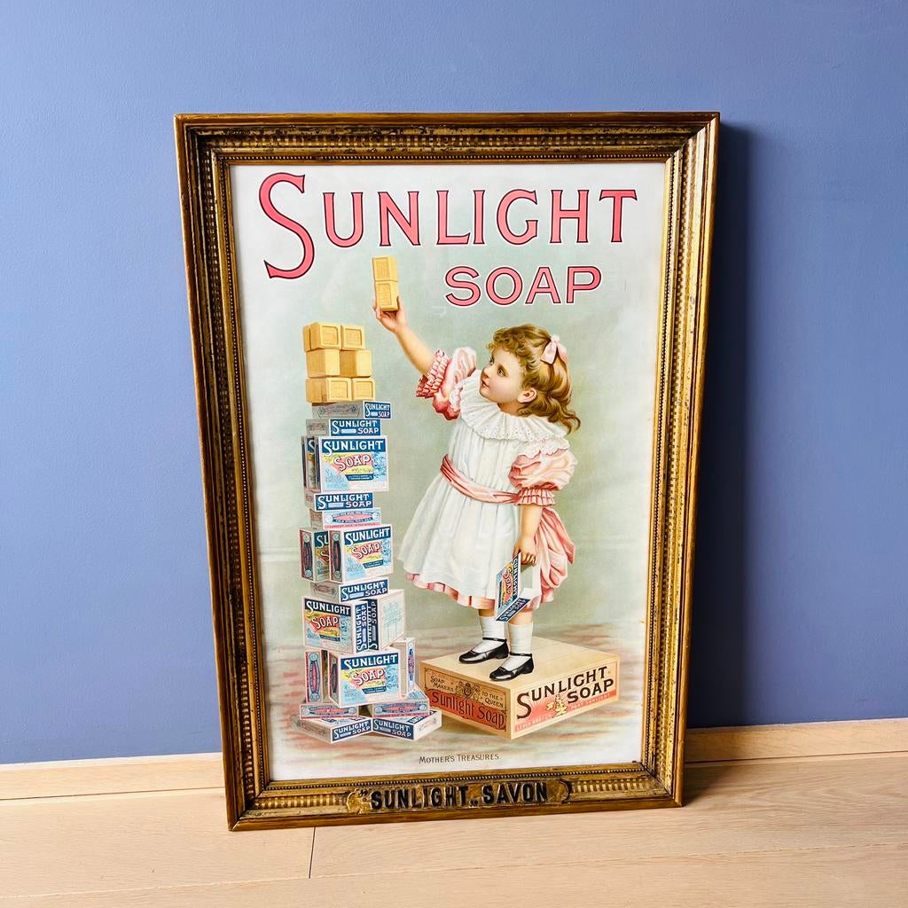 Zeer zeldzame lithografie onder frame voor Sunlight zeep, Verzamelen, Merken en Reclamevoorwerpen, Ophalen, Gebruikt, Reclamebord