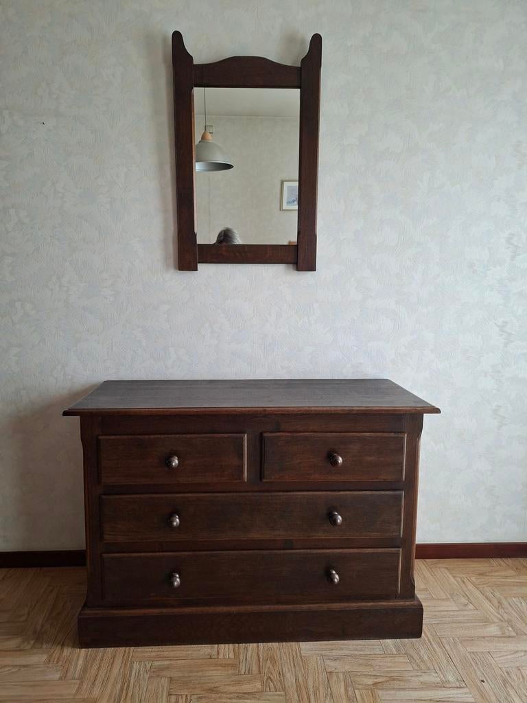 Massief eiken commode en spiegel, donkerbruin, Ophalen