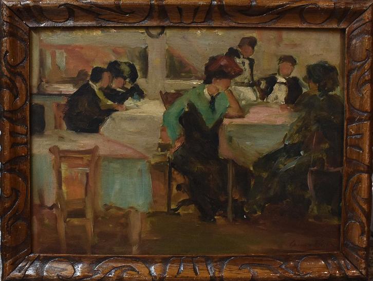 Anne Dixon==Restaurant scene op een boot ., Antiek en Kunst, Kunst | Schilderijen | Klassiek, Ophalen of Verzenden