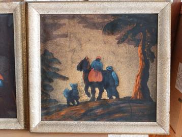 2 tableaux s/ soie 26x28 paysage fermier cheval paysan croix beschikbaar voor biedingen