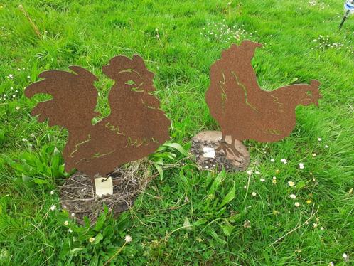 Schitterende haan en kip in gepatineerd metaal, Tuin en Terras, Tuinbeelden, Zo goed als nieuw, Dierenbeeld, Metaal, Ophalen of Verzenden