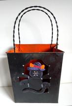 Zwart metalen tas tasje met zwarte kat - Halloween decoratie, Ophalen of Verzenden