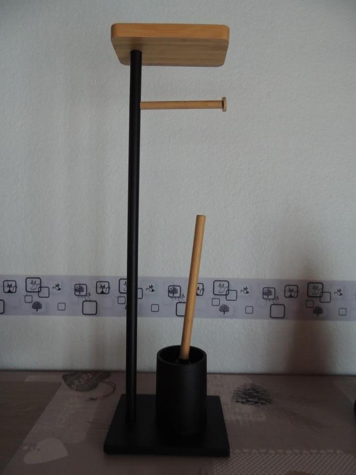 Support en bois pour papier wc avec brosse - Neuf, Huis en Inrichting, Badkamer | Badtextiel en Accessoires, Zwart, Ophalen