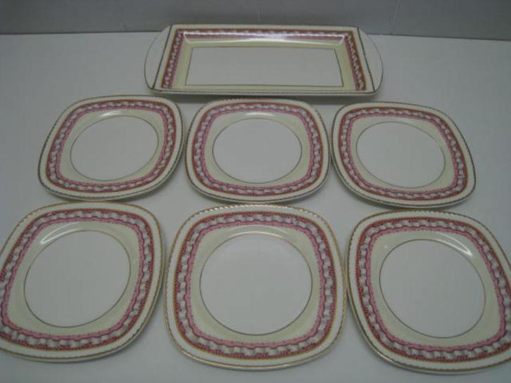 Schaal + 6 dessertborden, Portland Pottery, Made in England, Antiek en Kunst, Antiek | Servies compleet, Ophalen