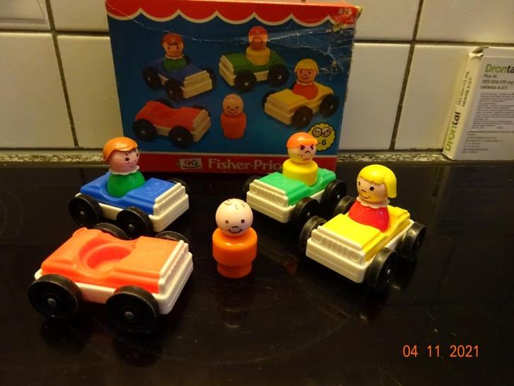 fisher price, set 4 autootjes met 4 popjes*VOLLEDIG*VINTAGE*, Kinderen en Baby's, Speelgoed | Fisher-Price, Ophalen of Verzenden