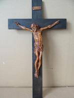 Antiek houten kruisbeeld met houten Corpus volkskunst 44cm, Ophalen of Verzenden