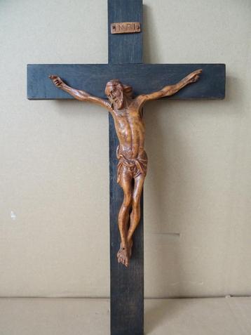 Antiek houten kruisbeeld met houten Corpus volkskunst 44cm  beschikbaar voor biedingen