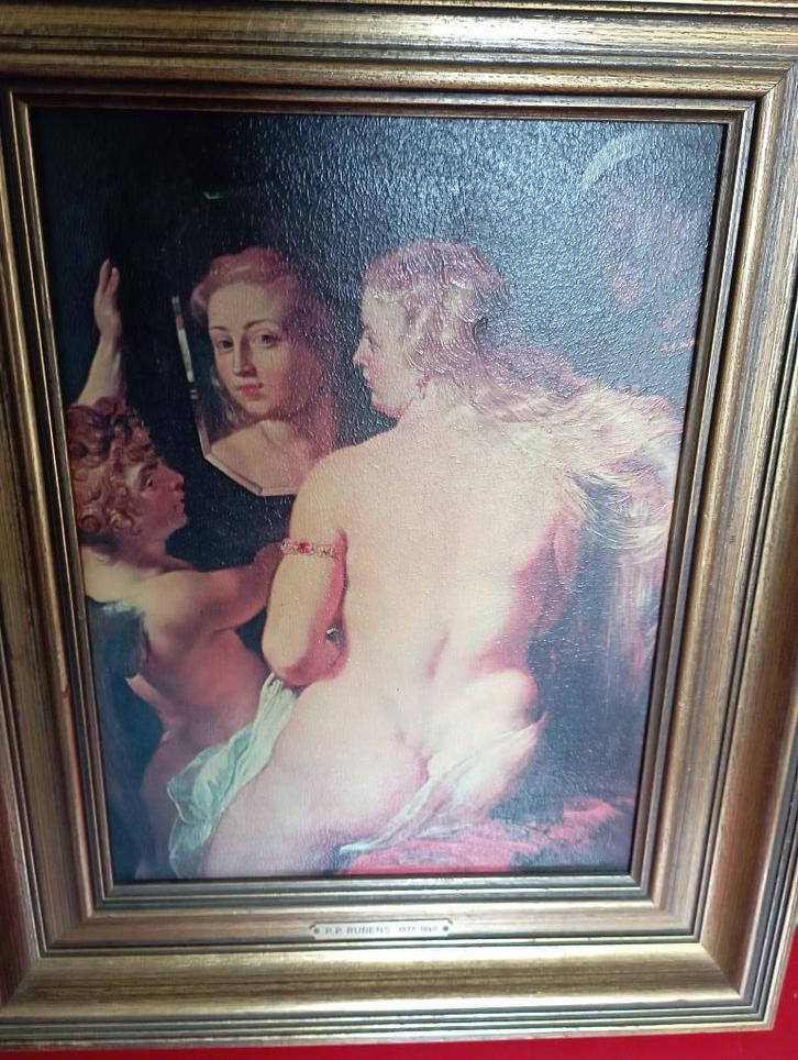 585) Venus voor de spiegel ( Rubens ) 39x47cm incl kader, Antiek en Kunst, Kunst | Schilderijen | Klassiek, Ophalen of Verzenden