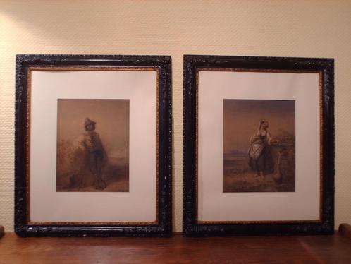 CLEREMANS paar 19de eeuwe aquarellen Romantiek Herder Madou, Antiek en Kunst, Kunst | Tekeningen en Fotografie, Ophalen of Verzenden