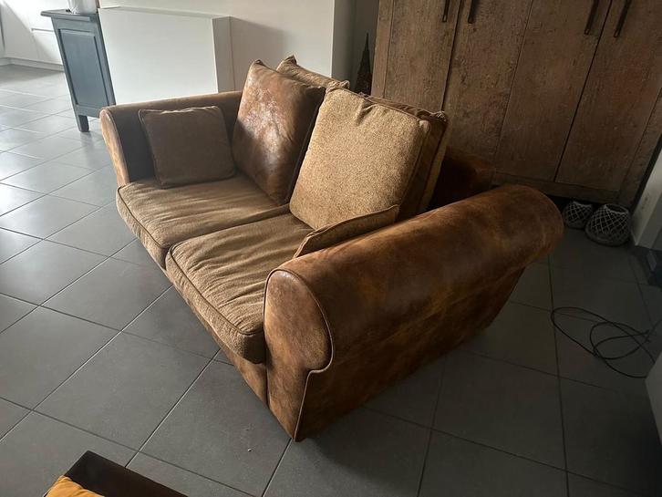 Salon 3 places et 2 places marron camel, Maison & Meubles, Canapés | Salons, Comme neuf, Banc droit, Trois personnes, Cuir, Tissus
