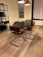 Zwarte glazen tafel met chrome onderstel. Space Age vintage, Antiek en Kunst, Ophalen