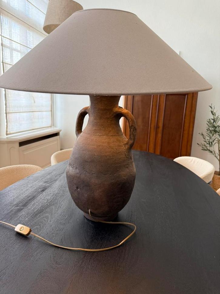 Stijlvolle design tafellamp in aardewerk met linnen kap, Huis en Inrichting, Lampen | Tafellampen, Zo goed als nieuw, Overige materialen
