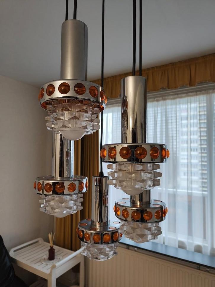 Vintage RAAK Kroonluchter '70 - 5 Pendels Chroom & Oranje, Huis en Inrichting, Lampen | Hanglampen, Gebruikt, 75 cm of meer, Ophalen