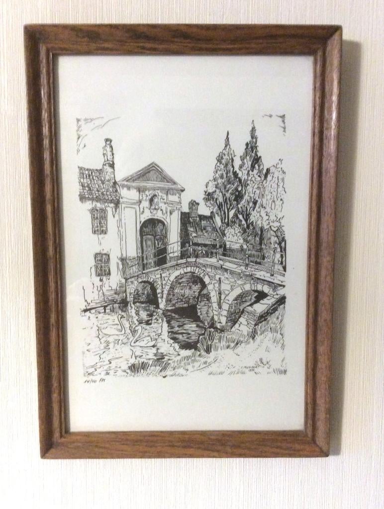 Gravure lithographique « Le pont de Begijnhof » à Bruges, Antiquités & Art, Art | Eaux-fortes & Gravures, Enlèvement ou Envoi