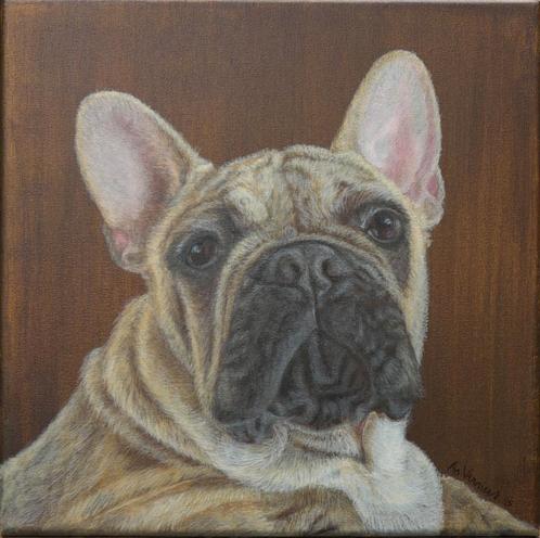 Schilderij franse Bulldog Fawn beige op doek 40 x 40 x 4 cm, Huis en Inrichting, Woonaccessoires | Schilderijen, Tekeningen en Foto's