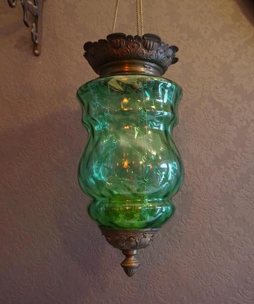 Vintage groenglazen hanglamp (ca 1900), Huis en Inrichting, Lampen | Hanglampen, Glas, Metaal, Ophalen