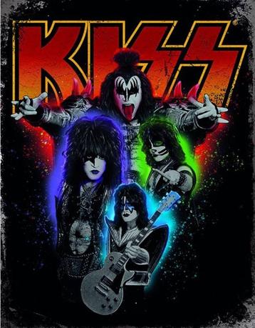 Metalen wandborden van KISS, Status Quo, Deep Purple en een  beschikbaar voor biedingen