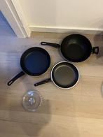 Set van 3 pannen en wok + glazen deksel – anti-aanbak, Ophalen, Gietijzer, Nieuw, Pannenset