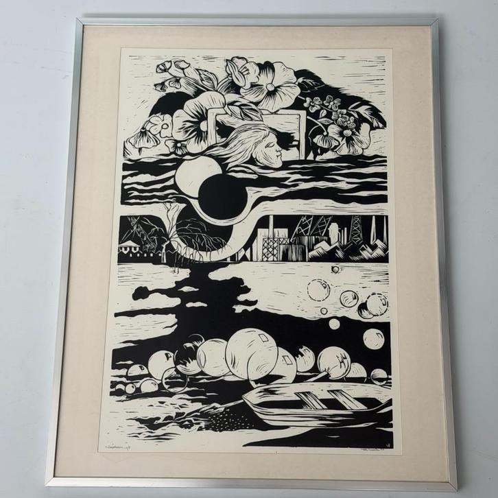 Linosnede ‘Zeepdrrom’ door Bernadette Vereecke, Antiek en Kunst, Kunst | Litho's en Zeefdrukken, Ophalen of Verzenden