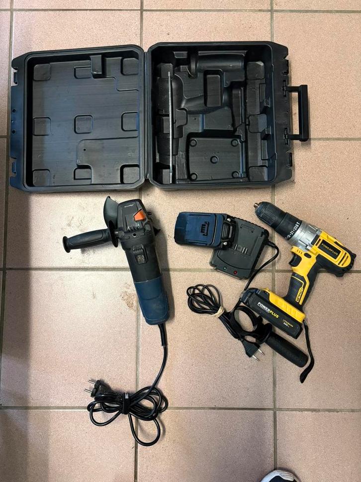 POWERPLUS 18V BOORMACHINE OK batterijen + SLIJPMACHINE, Doe-het-zelf en Bouw, Gereedschap | Boormachines, Gebruikt, Boor- en Schroefmachine