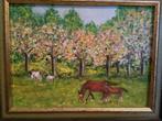 Schilderij op doek paarden en koeien in weiland, Antiek en Kunst, Ophalen of Verzenden