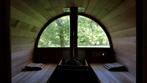 Sauna - Barrelsauna met platform en houtkachel, Sport en Fitness, Sauna, Ophalen, Gebruikt, Fins of Traditioneel, Complete sauna