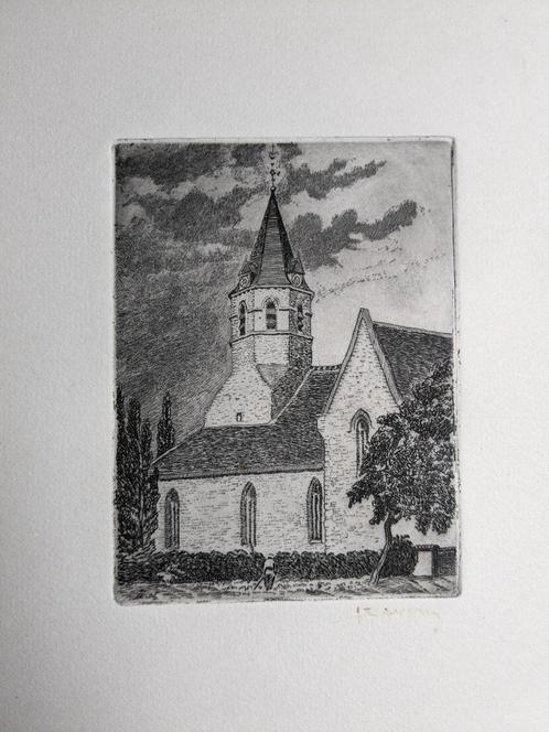 kerkje - Juliaan Severin - ets - in kadertje, Antiek en Kunst, Kunst | Etsen en Gravures, Ophalen of Verzenden