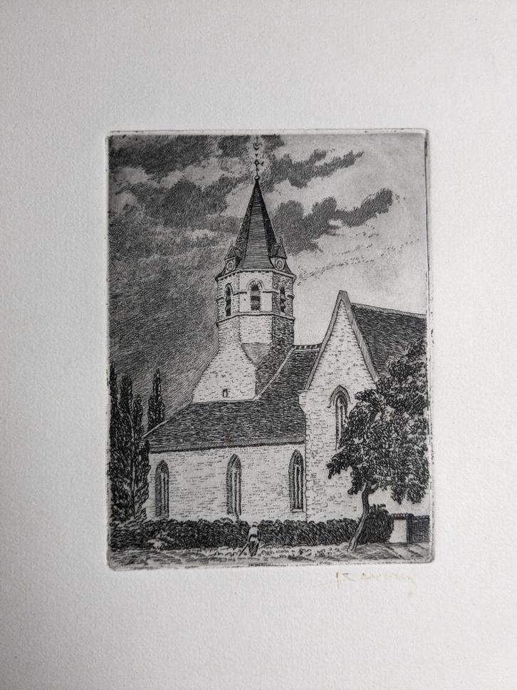 kerkje - Juliaan Severin - ets - in kadertje, Antiek en Kunst, Kunst | Etsen en Gravures, Ophalen of Verzenden