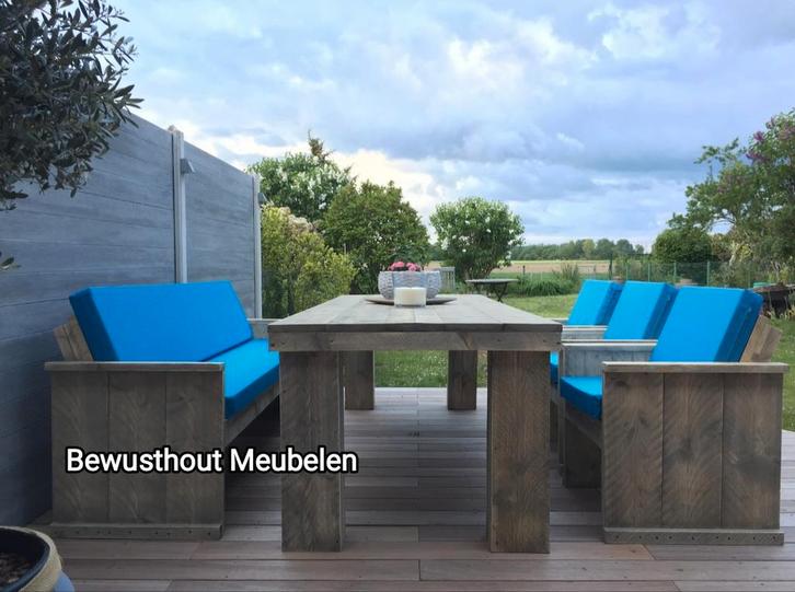 Tuinset met stoelen en bank. ACTIE! € 399,-, Tuin en Terras, Tuinsets en Loungesets, Nieuw, Tuinset, Steigerhout, Bank, Eettafel