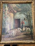 Schilderij  ‘Boer met vijf honden’ olieverf op doek., Antiek en Kunst, Ophalen