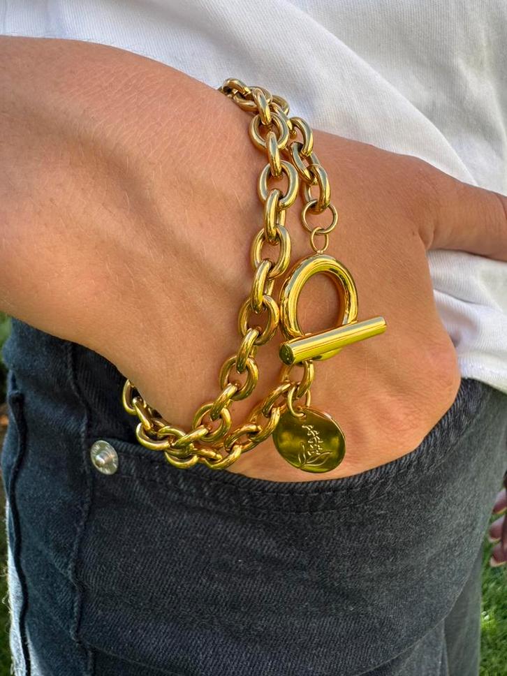 Vergulde roestvrijstalen armband met T-sluiting, Handtassen en Accessoires, Armbanden, Nieuw, Staal, Goud, Met bedels of kralen