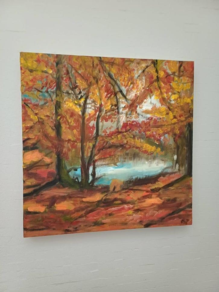 Kleurenpracht! Herfstimpressie. Olie op doek, 40x40, Antiquités & Art, Art | Peinture | Moderne, Enlèvement