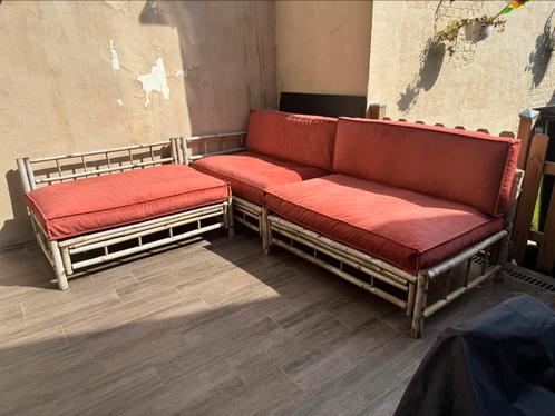 Salon à palettes en bambou avec coussins en velours, Jardin & Terrasse, Accessoires mobilier de jardin, Utilisé, Enlèvement