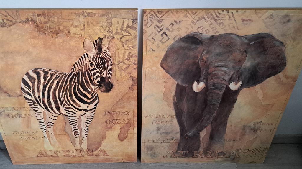 Sfeervol set van 2 schilderijen Afrika – olifant & zebra, Ophalen