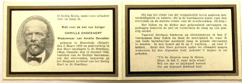 Canadees bidprentje van Camille Cnockaert, Ophalen of Verzenden, Bidprentje