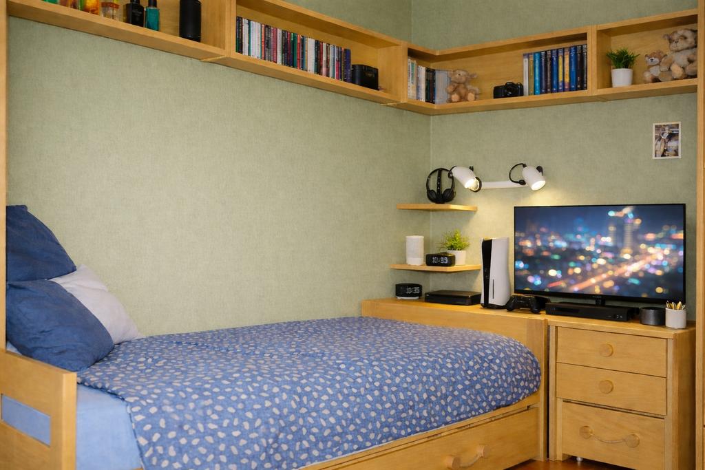 eiken bed + lattenbodem + opberger + nachtkast + wandkastjes, Huis en Inrichting, Slaapkamer | Complete slaapkamers, Ophalen, Gebruikt