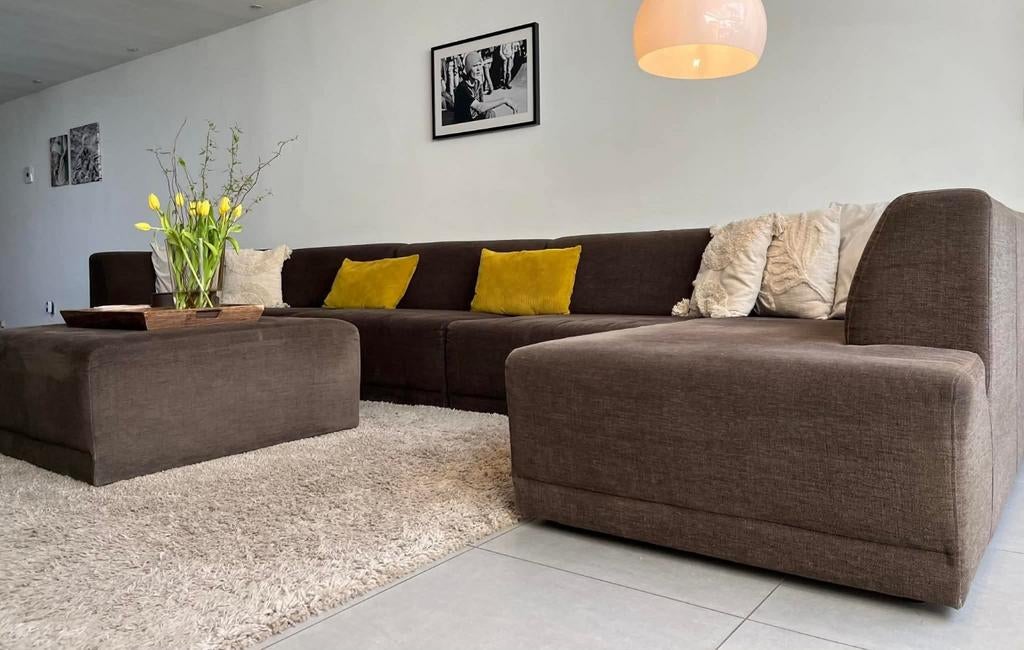 Donkerbruine stoffen salon + poef, Ophalen