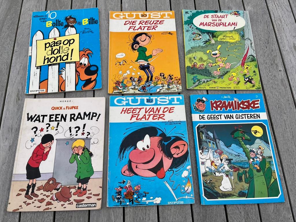 6 strips: Guust Flater, Marsupilami, Quick & Flupke,.., Boeken, Stripverhalen, Zo goed als nieuw, Ophalen