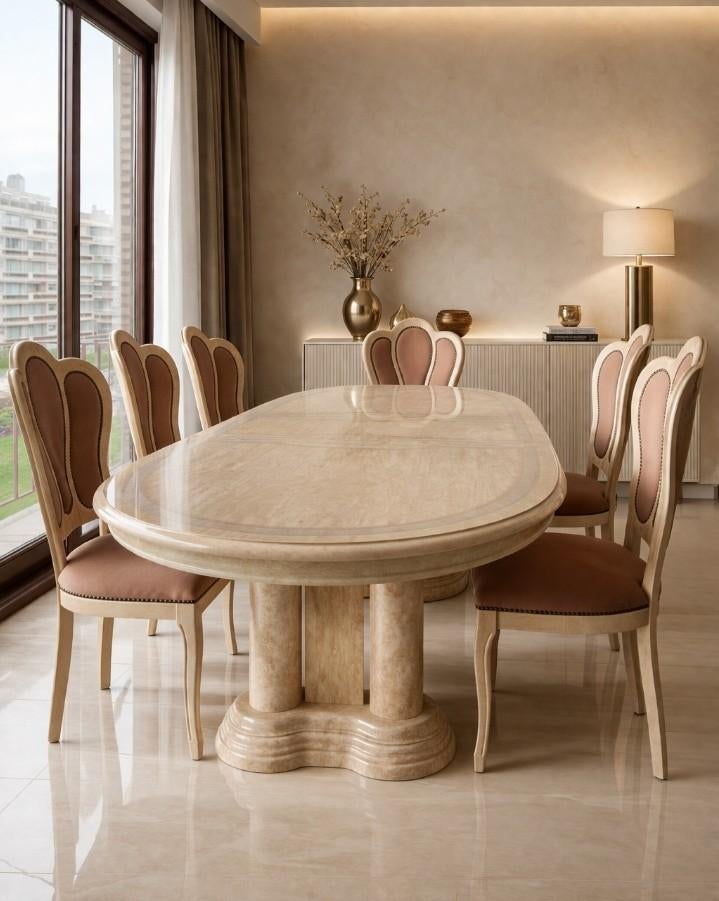 Art Deco travertin-look jaren 70 tafel met stoelen., Huis en Inrichting, Tafels | Eettafels, Zo goed als nieuw, Ovaal, Ophalen