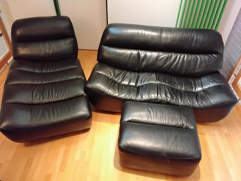Salon en cuir noir, Maison & Meubles, Fauteuils, Enlèvement, Comme neuf, Cuir, 75 à 100 cm