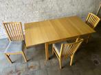 Extendable kitchen table in oak veneer + six chairs. As new, Ophalen, 100 tot 150 cm, 50 tot 100 cm, Zo goed als nieuw