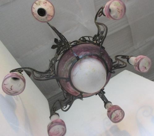 monumentale art deco luster Muller freres 6 kappen   32, Antiek en Kunst, Antiek | Verlichting, Ophalen