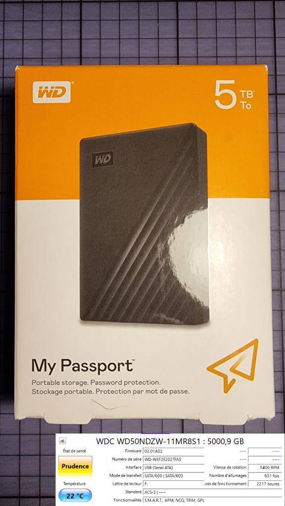 Disque Dur Externe WD My Passport 5TB + Housse Neuve Scellée, Informatique & Logiciels, Disques durs, Utilisé, Laptop, Externe