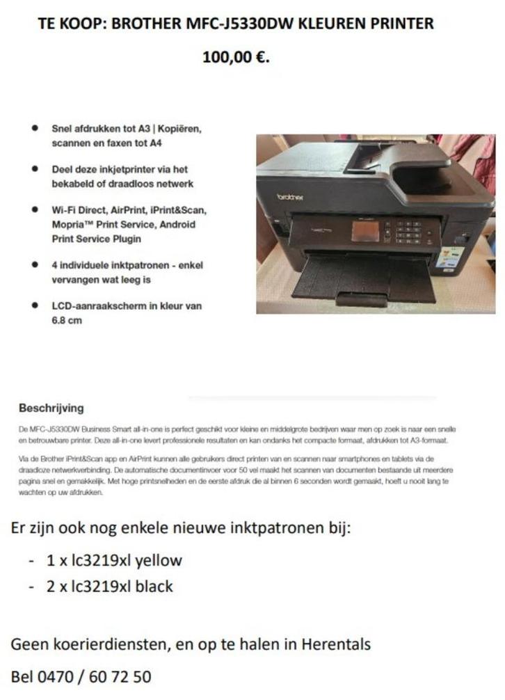 BROTHER MFC-J5330DW KLEUREN PRINTER, Computers en Software, Printers, Zo goed als nieuw, Printer, Inkjetprinter, Faxen, Kleur printen