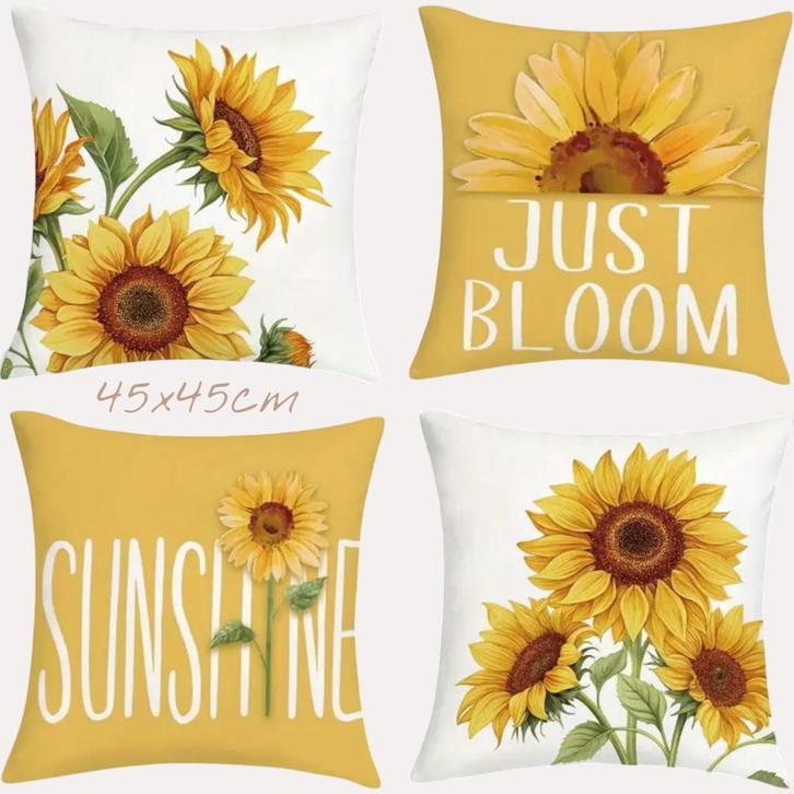Set van 4 kussenhoezen gele bloemen met tekst 45x45cm, Huis en Inrichting, Woonaccessoires | Kussens, Nieuw, Geel, Vierkant, Verzenden
