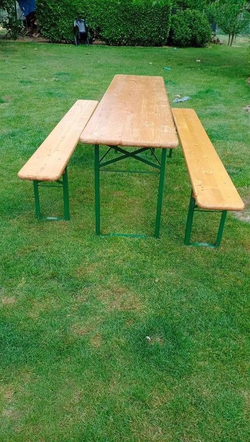2 sets plooitafel en banken picknick Barbeque, Tuin en Terras, Picknicktafels, Gebruikt, Rechthoekig, Hout, Inklapbaar, Ophalen