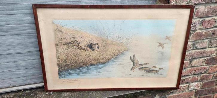 Gravure chien et canard signe Léon danchin, Antiek en Kunst, Kunst | Etsen en Gravures, Ophalen of Verzenden